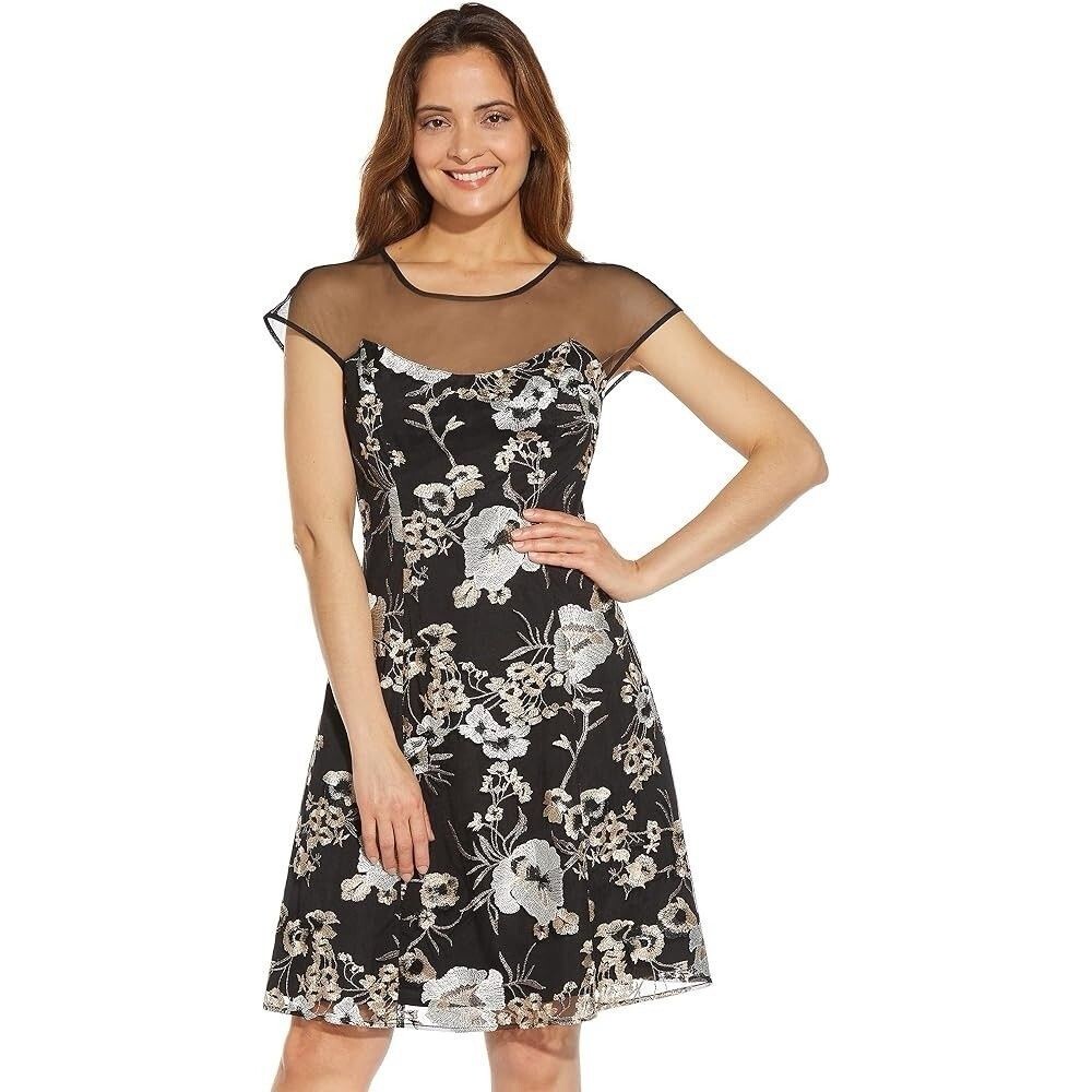 Adrianna Papell Women's 14 Lace Floral Embroidered Dress Black Cocktail Formal
